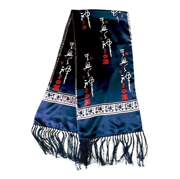 Vintage silk satin navy blue fringed rectangular fringed scarf Asian design - Picture 1 of 5